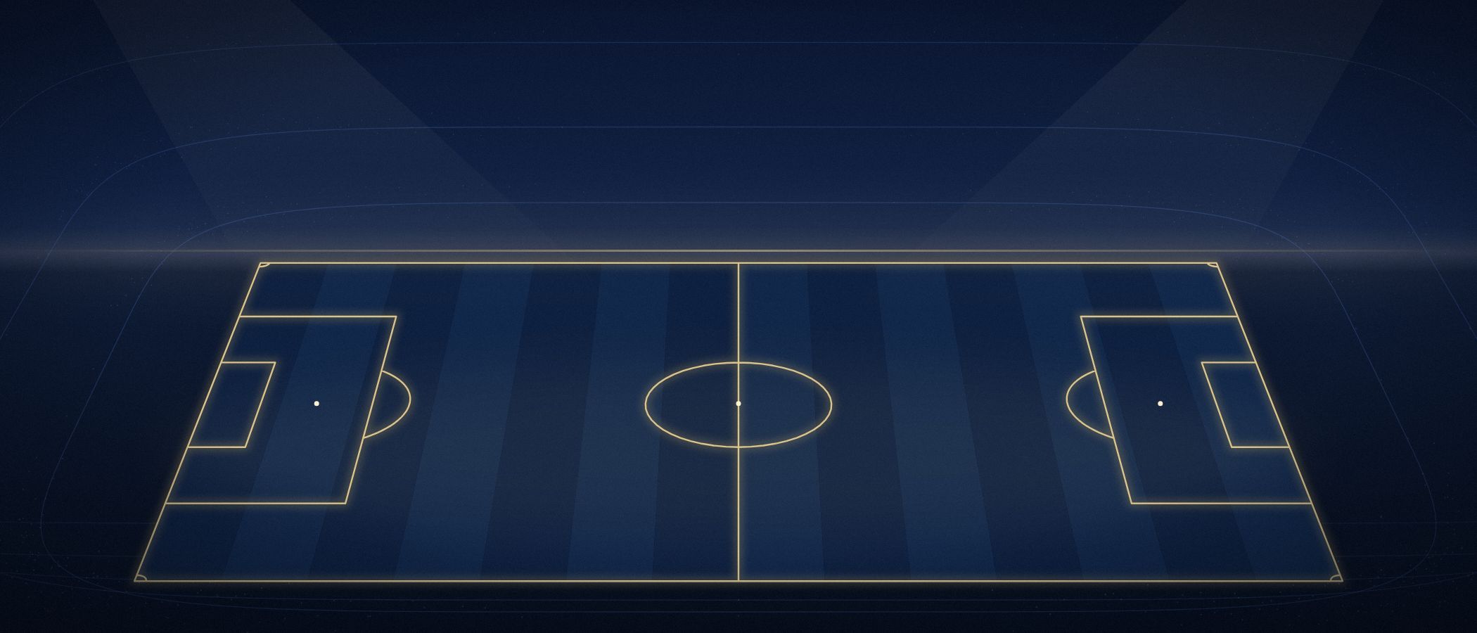 Ilustración: cancha de fútbol con líneas doradas en perspectiva, bajo las luces de un estadio
